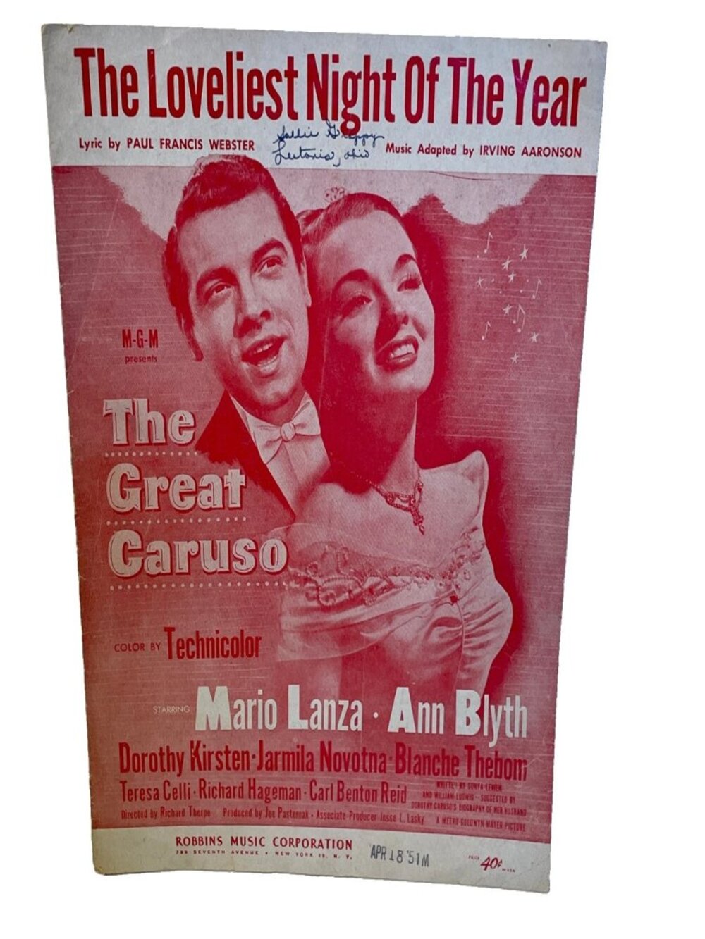 1951 The Loveliest Night of the Year Sheet Music The Great Caruso Aaronson Lanza